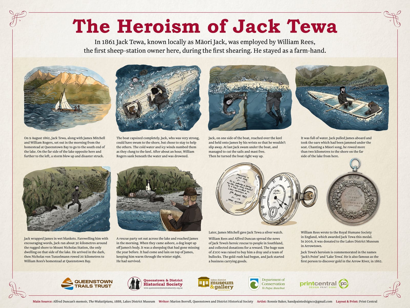 The Heroism of Jack Tewa, one of the district's historical information panels: six illustrated scenes of the 1862 rescue on Lake Whakatipu, the silver watch and the Royal Humane Society medal, with the partner logos along the foot