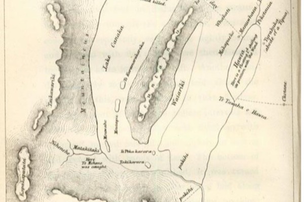 Edward Shortland's 1851 engraved plate, 'Map of Lakes in the Interior of Middle Island from a Drawing by Huruhuru', showing the chain of southern lakes with travel times and events noted in the margins, and the lake at the foot lettered 'Wakatipua (the famed Waipounamu)'