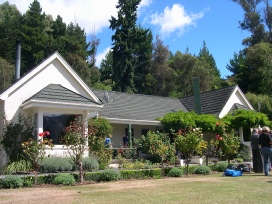 A homestead house with a rose garden and corrugated-iron roof.