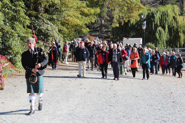 A piper in a kilt leading a long file of members up a gravel path between autumn trees at Walter Peak