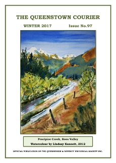 The cover of The Queenstown Courier, Winter 2017 Issue No. 97, featuring a watercolour of Precipice Creek in the Rees Valley.