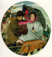Oval painting of an emigrant couple on the deck of a sailing ship, the man in a wide hat and the woman in a bonnet and green cloak, with a lifeboat and rigging behind them