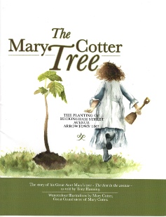 The cover of The Mary Cotter Tree by Tony Hanning, a child in a bonnet holding a spade beside a newly planted sapling