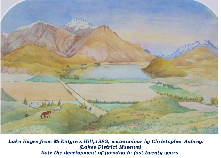 A watercolour looking down over Lake Hayes from a grassy hillside, with fenced paddocks, poplars and horses in the foreground and snow topped mountains behind, the artist and title lettered below the painting