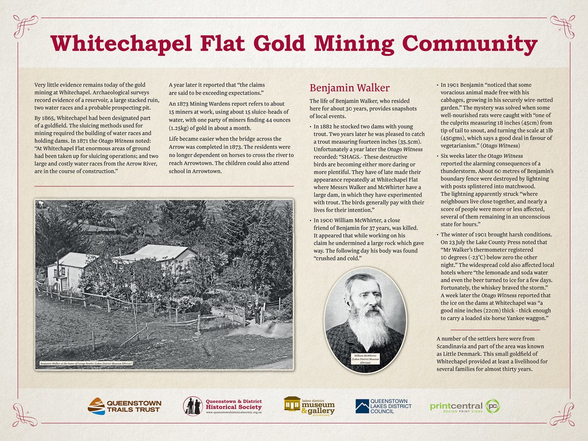 An information panel headed Whitechapel Flat Gold Mining Community, with columns of text, a historic photograph of cottages, an oval portrait, and the logos of the Society and its partners along the foot