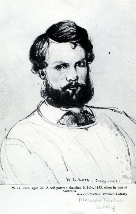 Pencil self-portrait of a young man with thick dark hair and a full beard, in a light jacket and cravat, signed W. G. Rees, July 1853