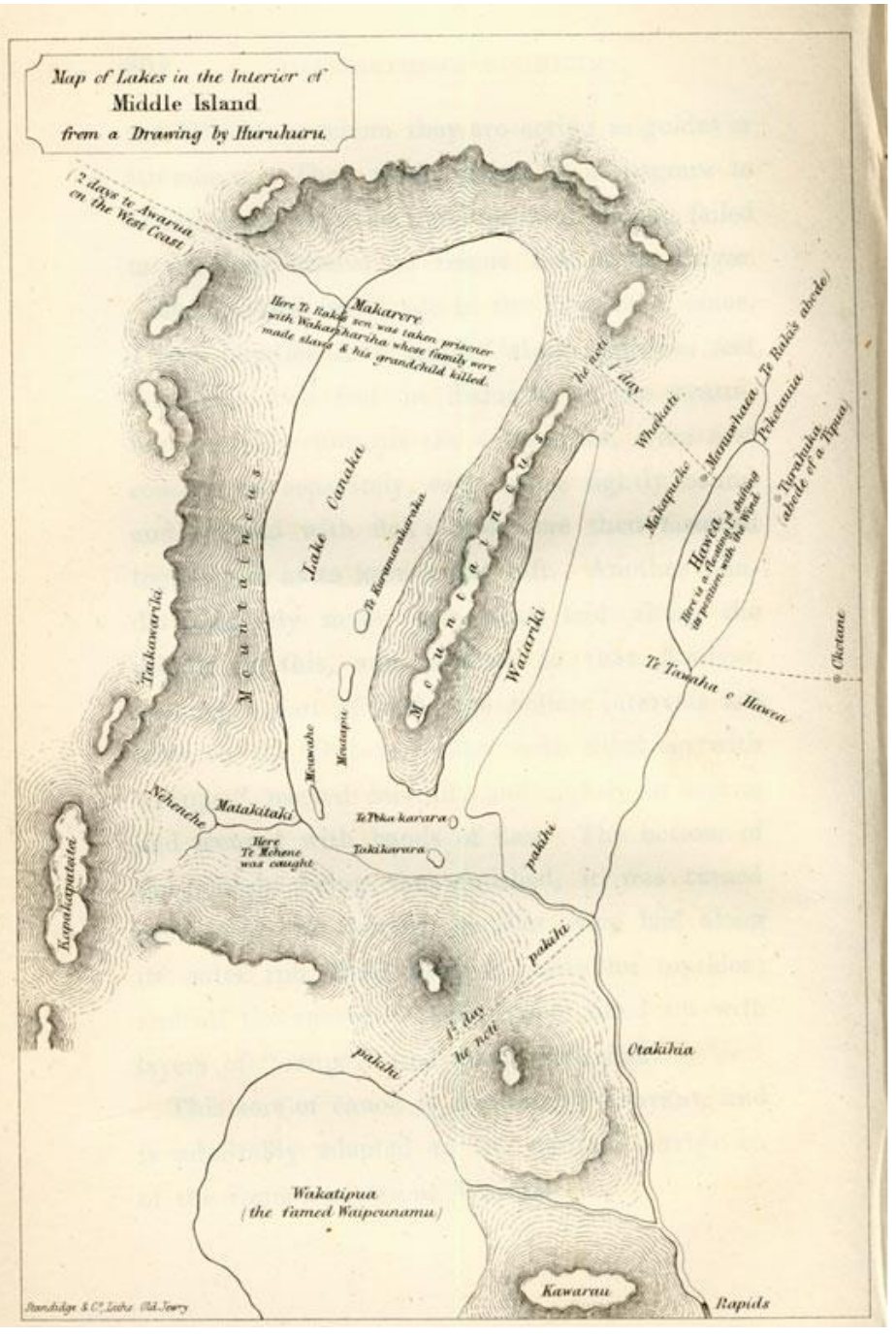 Edward Shortland's 1851 engraved plate, 'Map of Lakes in the Interior of Middle Island from a Drawing by Huruhuru', showing the chain of southern lakes with travel times and events noted in the margins, and the lake at the foot lettered 'Wakatipua (the famed Waipounamu)'