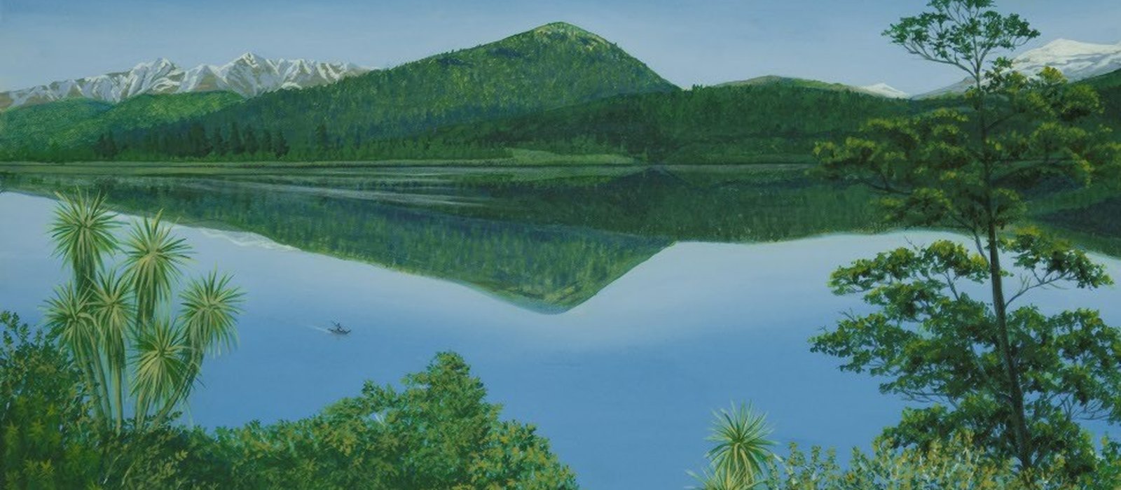 Painting of a still lake reflecting a forested hill and snowy ranges, with cabbage trees, ferns and a lone canoe on the water