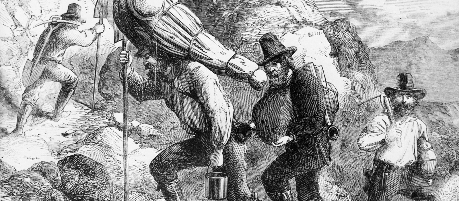 Wood engraving of four bearded gold-diggers climbing a rocky track, one bent under a huge bundled swag with a billy in his hand, the others with picks, shovels and packs, mountains behind
