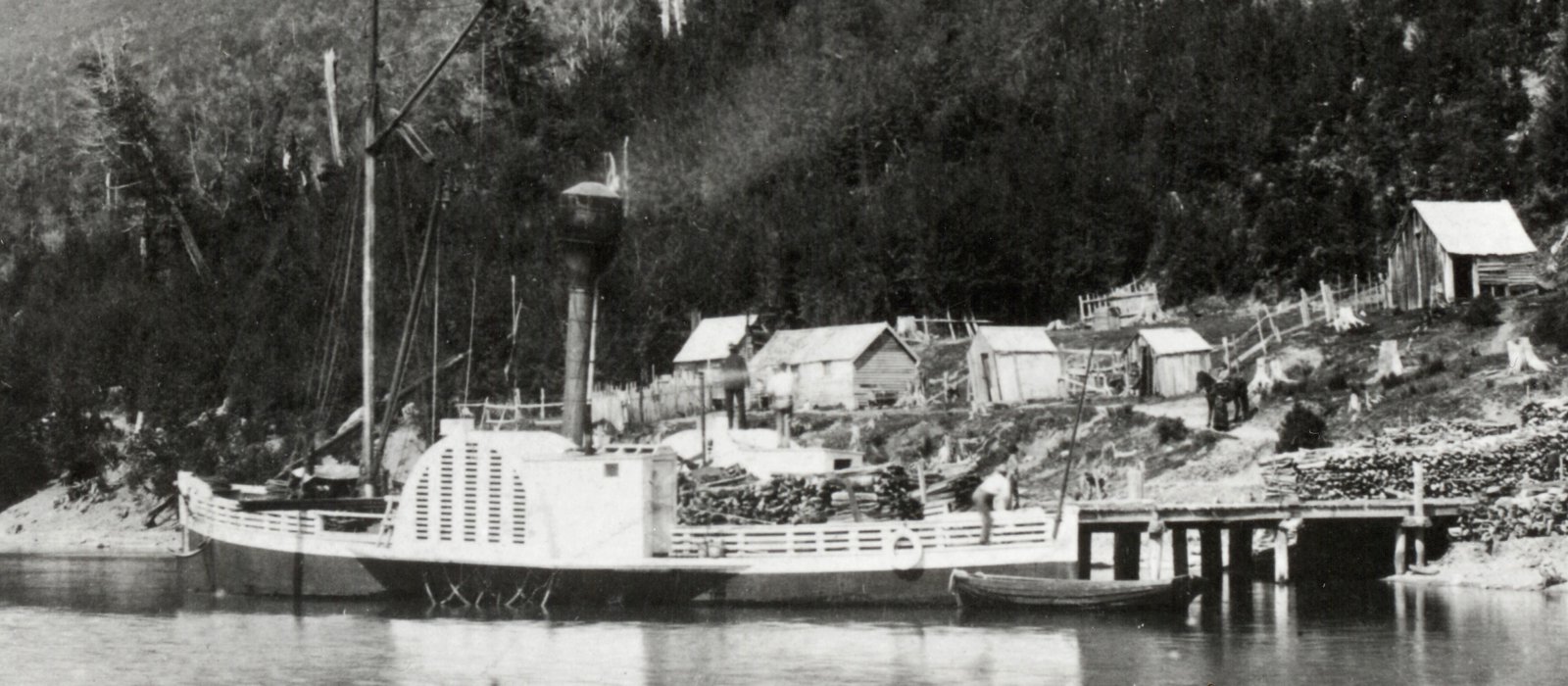 Early photograph of the wooden paddle steamer Antrim lying against a small timber jetty at Kinloch, her tall balloon-topped funnel smoking, with stacked firewood, a scatter of huts and sheds on the cleared shore and dense beech forest rising behind